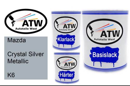 Mazda, Crystal Silver Metallic, K6: 1L Lackdose + 1L Klarlack + 500ml Härter - Set, von ATW Autoteile West.